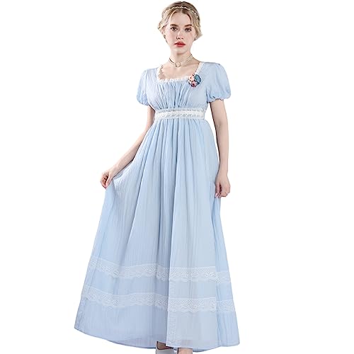 CR ROLECOS Viktorianisches Kleid Damen Regency Kleider für Damen mit Sash Mittelalter kleidun Puffärmel Empire-Taillenkleid Blau L von CR ROLECOS