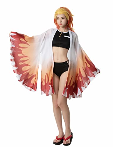 CR ROLECOS Demon Slayer Rengoku Kyoujurou Badeanzug Cosplay Kostüm Anime Kimono Cardigan Cover Up Bikini Bademode XS von CR ROLECOS