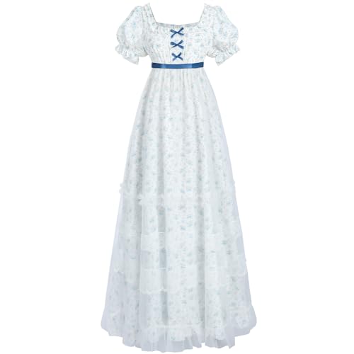 CR ROLECOS Regency Dress Jane Austen Kleider viktorianisches Teeparty-Kleid Weiß, weiß / blau, Small von CR ROLECOS