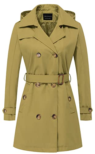 CREATMO US Damen-Trenchcoat, zweireihig, klassischer Revers, Übermantel, Gürtel, schmale Oberbekleidung, Mantel mit abnehmbarer Kapuze, Olivengelb, S CREATMO US Damen-Trenchcoat, zweireihig, klassischer Revers, Übermantel, Gürtel, schmale Oberbekleidung, Mantel mit abnehmbarer Kapuze, Olivengelb, S von CREATMO US