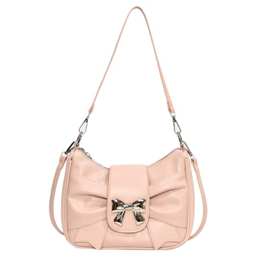 CRGANGZY Bow-Knot Trendy Umhängetasche PU-Leder Damenhandtasche mit verstellbarem Riemen Lässige Schultertasche mit Reißverschluss Unterarmtasche for Frauen und Mädchen (Rosa) von CRGANGZY