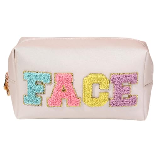 CRGANGZY Chenille-Buchstaben-Make-up-Tasche, Reise-Kosmetiktasche, großes Fassungsvermögen, Preppy-Patch-Make-up-Tasche, PU, ​​wasserdichter Kulturbeutel for Outdoor-Reisen (Stil 1) von CRGANGZY