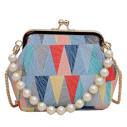 CRGANGZY Damen PU-Abendtasche, modische Umhängetasche mit Perlenkette, Patchwork-Umhängetasche, geometrisches Muster für Abend, Hochzeit, Party (blau) von CRGANGZY