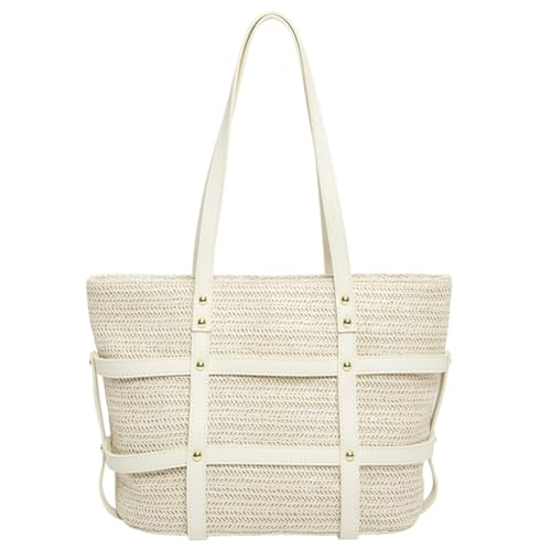 CRGANGZY Damen-Stroh-Tragetasche, PU-Patchwork, Häkel-Strandhandtasche, große Kapazität, minimalistische Tragetasche, Damen-Sommer-Tagestasche (weiß) von CRGANGZY