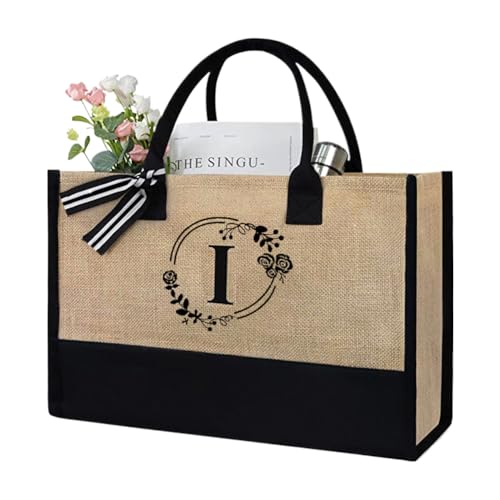 CRGANGZY Jute-Einkaufstasche for Damen, Sommer-Strandtasche, große Kapazität, modische Einkaufstasche mit Buchstaben, Leinen-Reisehandtasche for Lehrer, Freunde, Brautjungfern (I) von CRGANGZY