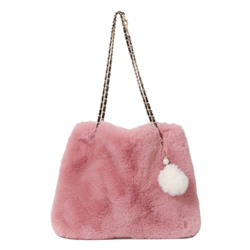 CRGANGZY Pelzige Umhängetasche für Damen, weiche, flauschige Tragetasche, Kunstfell mit Anhänger, großes Fassungsvermögen, modische Reisetasche für Damen (Rosa) von CRGANGZY