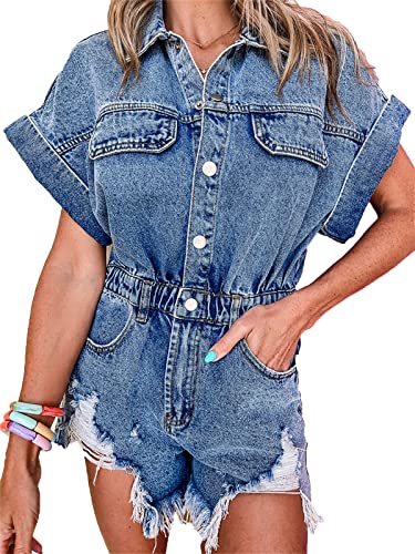 CRITOR Damen Kurzarm Denim Jumpsuit Elastische Taille Button Down Denim Jean Romper Shorts von CRITOR