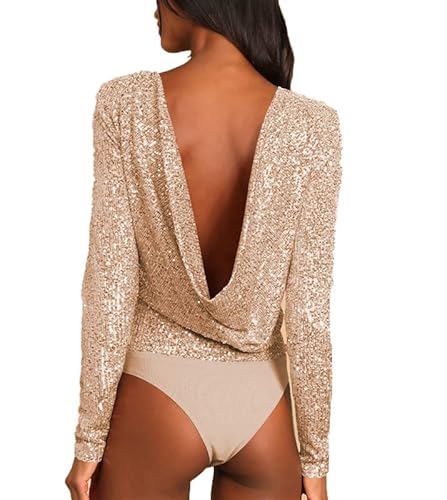 CRITOR Damen Langärmelig Glänzend Pailletten Jumpsuit Bodysuit Top Leotard Club Cocktail Elegant Pailletten Bodysuits von CRITOR