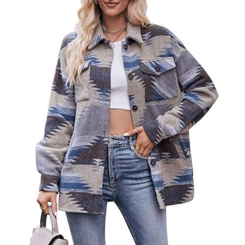 CRITOR Shacket mit Aztekenmuster für Damen, Westernjacke mit Knöpfen und Aztekenmuster für Damen, Stammesmantel mit Aztekentaschen und Taschen von CRITOR