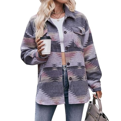 CRITOR Shacket mit Aztekenmuster für Damen, Westernjacke mit Knöpfen und Aztekenmuster für Damen, Stammesmantel mit Aztekentaschen und Taschen von CRITOR