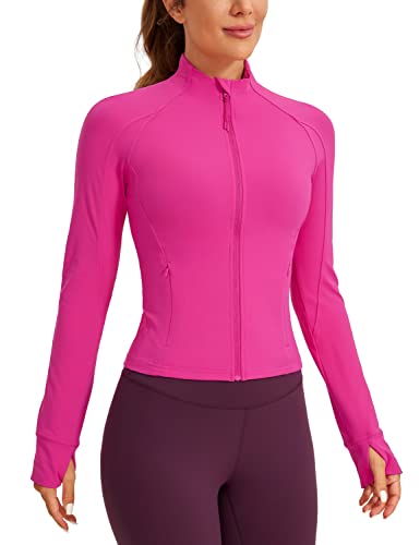 CRZ YOGA Damen Butterluxe Full Zipper Sport Jacke Zip Tasche Crop Running Laufjacke Gym Langarmshirt Sweatjacke mit Daumenloch Hibiskus-Purpur 34 von CRZ YOGA