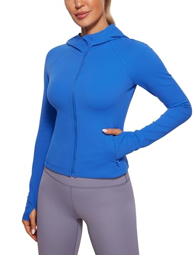 CRZ YOGA Damen Butterluxe Kapuzenpullover Hoodie Zip Up Sweatjacke Workout Langarm Hoody Kapuzenjacke mit Daumenloch Funkelndes Blau 38 von CRZ YOGA