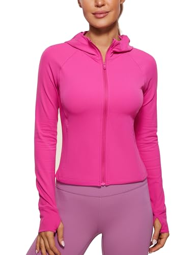 CRZ YOGA Damen Butterluxe Kapuzenpullover Hoodie Zip Up Sweatjacke Workout Langarm Hoody Kapuzenjacke mit Daumenloch Hibiskus-Purpur 38 von CRZ YOGA