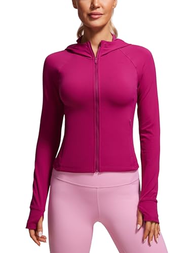 CRZ YOGA Damen Butterluxe Kapuzenpullover Hoodie Zip Up Sweatjacke Workout Langarm Hoody Kapuzenjacke mit Daumenloch Magenta Violett 44 von CRZ YOGA