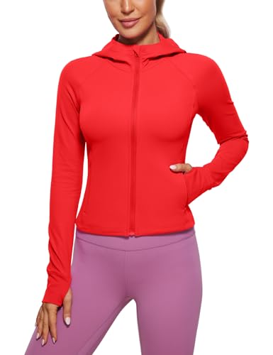 CRZ YOGA Damen Butterluxe Kapuzenpullover Hoodie Zip Up Sweatjacke Workout Langarm Hoody Kapuzenjacke mit Daumenloch Tiefrot 42 von CRZ YOGA