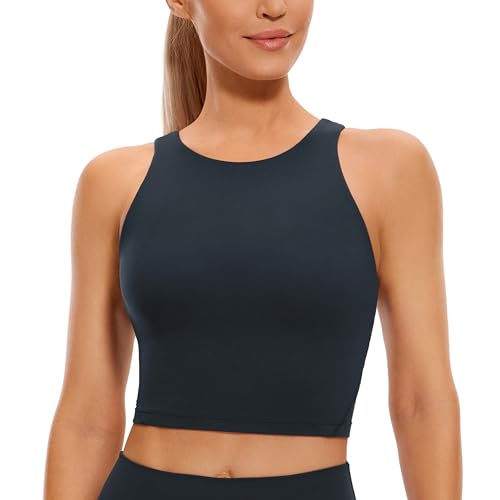 CRZ YOGA Damen Butterluxe Longline Sport BH Gepolstert Ohne Bügel Crop Top High Neck U Rücken Workout Tanktops Echte Marine 38 von CRZ YOGA