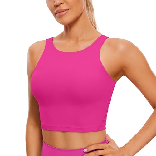 CRZ YOGA Damen Butterluxe Longline Sport BH Gepolstert Ohne Bügel Crop Top High Neck U Rücken Workout Tanktops Hibiskus-Purpur 38 von CRZ YOGA