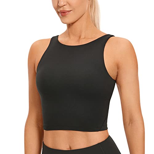 CRZ YOGA Damen Butterluxe Longline Sport BH Gepolstert Ohne Bügel Crop Top High Neck U Rücken Workout Tanktops Schwarz 34 von CRZ YOGA