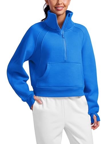CRZ YOGA Damen Fleece Gefüttert Sweatshirt 1/2 Reißverschluss Pullover mit Taschen Winter Rollkragenpullover mit Daumenloch Funkelndes Blau 44 von CRZ YOGA