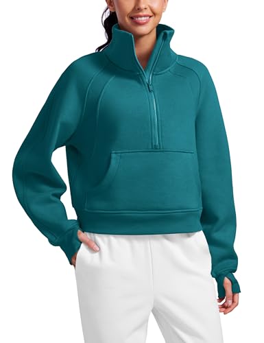 CRZ YOGA Damen Fleece Gefüttert Sweatshirt 1/2 Reißverschluss Pullover mit Taschen Winter Rollkragenpullover mit Daumenloch Grüne Jade 40 von CRZ YOGA