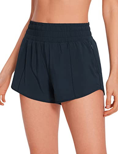 CRZ YOGA Damen High Waist Running Shorts Gym Sporthose Mesh Innenhose Schnelltrocknend Kurz Hose mit Zip Tasche - 6.4cm Echte Marine 36 von CRZ YOGA