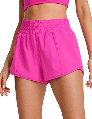 CRZ YOGA Damen High Waist Running Shorts Gym Sporthose Mesh Innenhose Schnelltrocknend Kurz Hose mit Zip Tasche - 6.4cm Hibiskus-Purpur 42 von CRZ YOGA