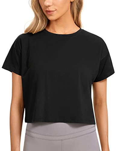 CRZ YOGA Damen Kurzarm Sport Tshirt Loose Baumwolle Fitness Crop Top Sommer Gym Workout Cropped Oberteile Schwarz 36 von CRZ YOGA