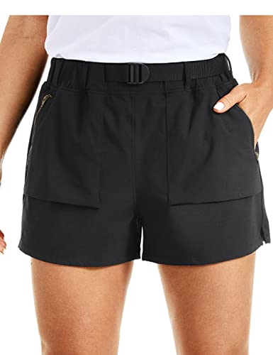 CRZ YOGA Damen Leicht Wandern Shorts mit Gürtel Sportshorts Kurze Hose Laufshorts mit Taschen - 7.6cm Schwarz 42 von CRZ YOGA