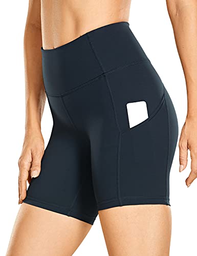 CRZ YOGA Damen Sport Radlerhose Blickdichte High Waist Biker Shorts Running Kurze Leggings mit Tasche - Naked Feeling Light - 15cm Echte Marine 34 von CRZ YOGA