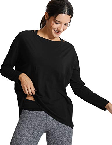 CRZ YOGA Damen Sport Langarmshirt Fitness Yoga Langarm Shirt Leichte Freizeit Longsleeve Baumwolle Oberteile Schwarz 40 von CRZ YOGA
