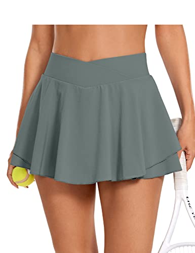 CRZ YOGA Damen Tennis Rock mit Hose Tennisrock Crossover High Waist Skort Golfrock Wanderrock Skater Sport Hosenrock Grauer Salbei 40 von CRZ YOGA