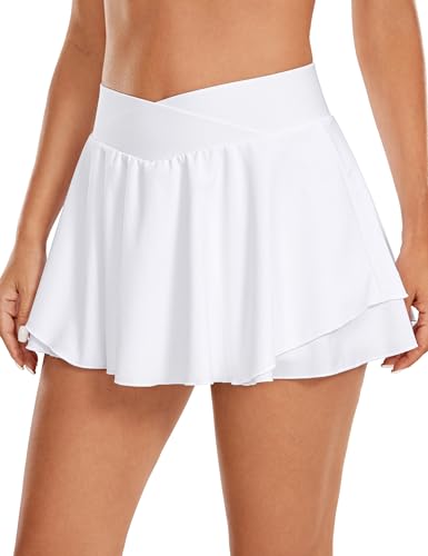 CRZ YOGA Damen Tennis Rock mit Hose Tennisrock Crossover High Waist Skort Golfrock Wanderrock Skater Sport Hosenrock Weiss 36 von CRZ YOGA