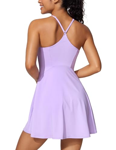 CRZ YOGA Damen Tenniskleid mit Integrierten BH und Shorts-Taschen Golf Tennis Kleider Sport Kleid Golfrock Golfkleid Elfen-Purpur 40 von CRZ YOGA