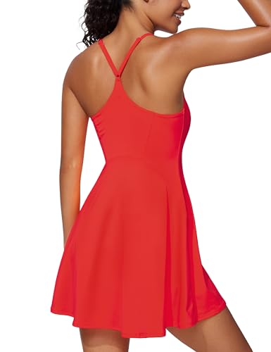 CRZ YOGA Damen Tenniskleid mit Integrierten BH und Shorts-Taschen Golf Tennis Kleider Sport Kleid Golfrock Golfkleid Festival Rot 42 von CRZ YOGA