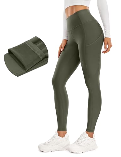 CRZ YOGA Damen Thermo Leggings mit Taschen High Waist Fleece Sport Yoga Leggins Warm Sporthose - 71cm Olivgrun 40 von CRZ YOGA