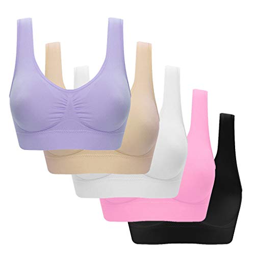 CSHE 3/5er Pack Sport Top Damen Licht BH Ohne Bügel Gepolstert Der Bequemste BH Der Welt Backless Tank Top BH für Tiefen Rückenausschnitt Tanktop Tops für Mädchen Weiß, Beige, Lila, Rosa, Schwarz L von CSHE