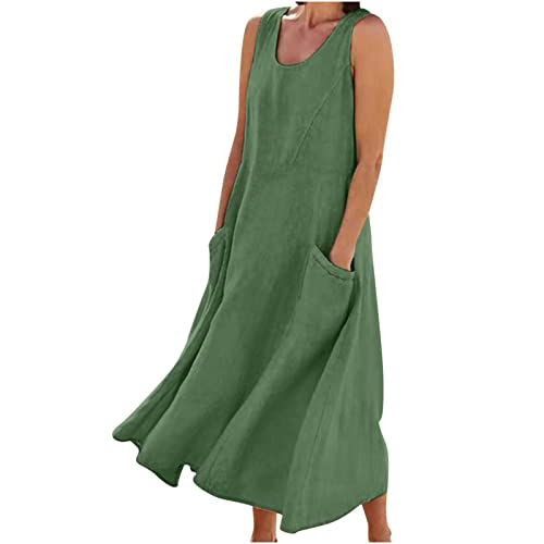 CSHE Sommerkleid Damen Ärmellos Leinenkleider Schwingen Maxikleid Einfarbig/Drucken Kleider mit Taschen Frauen Kaftan Kleid Beiläufig Party Kleider Mädchen Teenager, Abendkleider, Grün, Large von CSHE