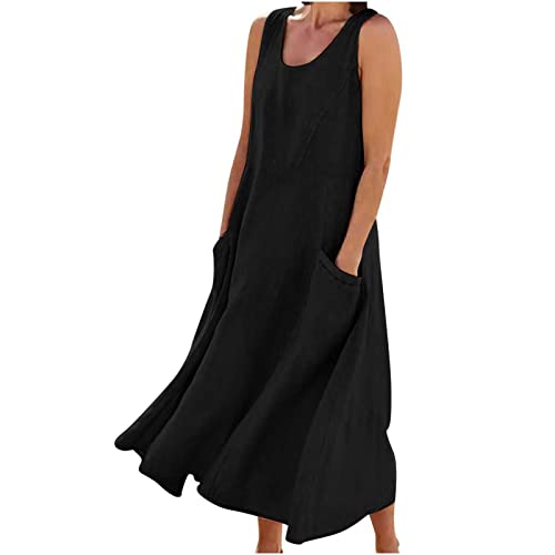 CSHE Sommerkleid Damen Ärmellos Leinenkleider Schwingen Maxikleid Einfarbig/Drucken Kleider mit Taschen Frauen Kaftan Kleid Beiläufig Party Kleider Mädchen Teenager, Kleid Damen, Schwarz, XX-Large von CSHE