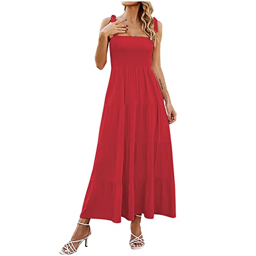 Sommerkleid Ärmellos Breiten Trägern Maxikleider Damen Sommer Einfarbiges Abendkleid Eckiger Ausschnitt Mädchen Kleider Reguläre Passform Kleid Damen Elegant Formell Freizeit, Rot, X-Large von CSHE