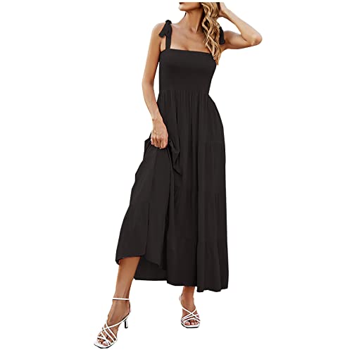 Sommerkleid Ärmellos Breiten Trägern Maxikleider Damen Sommer Einfarbiges Abendkleid Eckiger Ausschnitt Mädchen Kleider Reguläre Passform Kleid Damen Elegant Formell Freizeit, Schwarz, Medium von CSHE