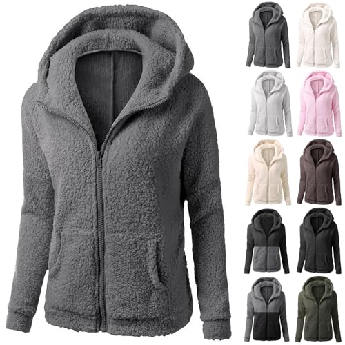 Blusen Damen - Fleecejacke Damen Kapuzenpullover Hoodie mit Zipper Teddyjacket Sweatshirt Basic Kapuzenjacke Causal Sweatjack Plüschjack Jacket Winter Warm Einfarbig Hoodies, dunkelgrau, L von CSKJ