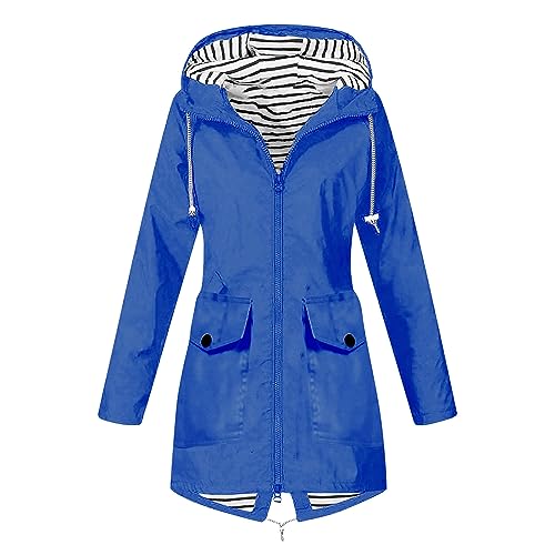 Bomberjacke Damen - Regenjacke Damen Wasserdicht Atmungsaktiv Regenmantel Windbreaker Lang Übergangsjacke Leichte Jacke mit Kapuze Frauen Regenparka Outdoorjacke Regenponcho für Regenzeit, Blau, XXL von CSKJ