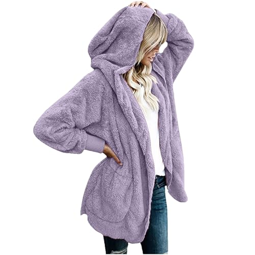 CSKJ 1 Euro Artikel Damen Mantel Plüschjacke Hoodie Jacke Oversize Wintermantel Kurzmantel Warm Cardigan Kapuzenjacke Winterjacke mit Taschen, Lila, L von CSKJ