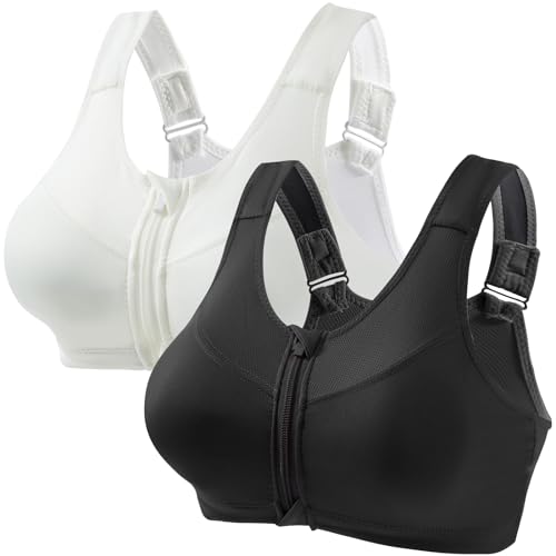 CSKJ 2er Pack Sport BH Damen Starker Halt mit Vorderverschluss Große Größe Mesh Gepolstert Klassische BHS Push Up BH mit Verstellbarem Sports Bra Top Bustier für Alltag Yoga Lauf Joggen Reiten von CSKJ