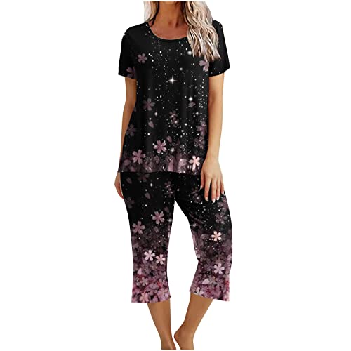 CSKJ 90Er Jahre Outfit Damen Schlafanzug Damen Kurz Pyjama Set Kurzarm Top mit 3/4 Lang Schlafhose Zweiteiliger Pjs Sets Nachtwäsche Loungewear Sleepwear Schlafshirt Negligee, heißes rosa, XXL von CSKJ