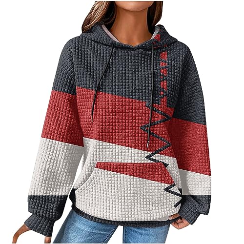 CSKJ Aesthetic Kapuzenpullover Damen Vintage Waffel Pullover mit Kapuze Sweatshirt Casual Langarm Hoodie Langarmshirt Baumwolle Sport Kapuzenpulli Herbst Winter Warm Outwear von CSKJ