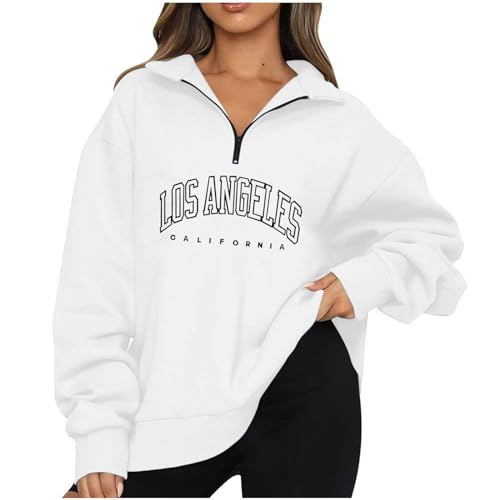 CSKJ Dirndlbluse Sweatshirt Damen Basic Reißverschluss Los Angeles Vintage Oversized Langarmshirt Pullover Loose Einfarbig Fleece Oberteile für Herbst Winter, Weiß, M von CSKJ