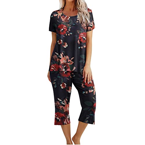 CSKJ Festival Outfit Damen Schlafanzug Damen Kurz Pyjama Set Kurzarm Top mit 3/4 Lang Schlafhose Zweiteiliger Pjs Sets Nachtwäsche Loungewear Sleepwear Schlafshirt Negligee, rot, M von CSKJ