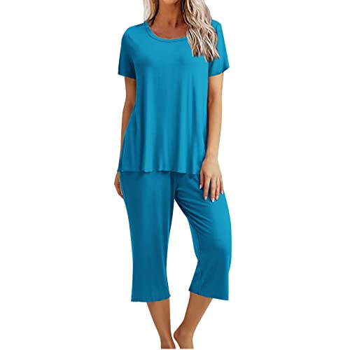 CSKJ Geschenke Schlafanzüge Damen Loungewäsche Kurz Nachtwäsche Pyjama Set Kurzarm Top Schlafanzug mit 3/4 Lang Schlafhose Zweiteiliger Pjs Sets Sleepwear Schlafanzughosen, dunkelblau, L von CSKJ