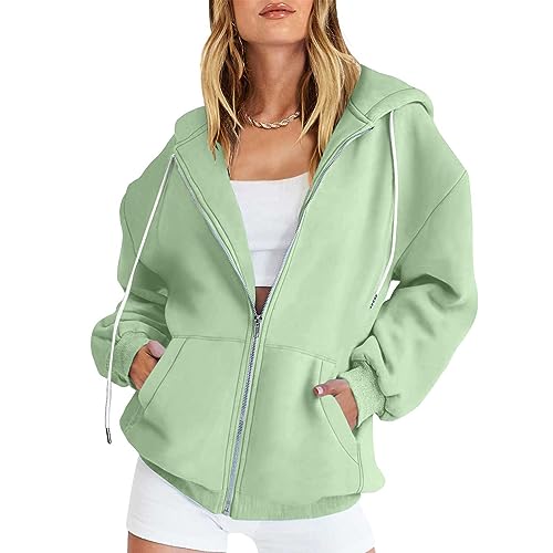 CSKJ Hoodies - Damen Hoodie Kapuzenjacke Kapuzenpullover Vintage Oversize Sweatjacke Sweatshirt College Jacke Übergangsjacke Zip Hoody mit Kapuze, Minzgrün, L von CSKJ